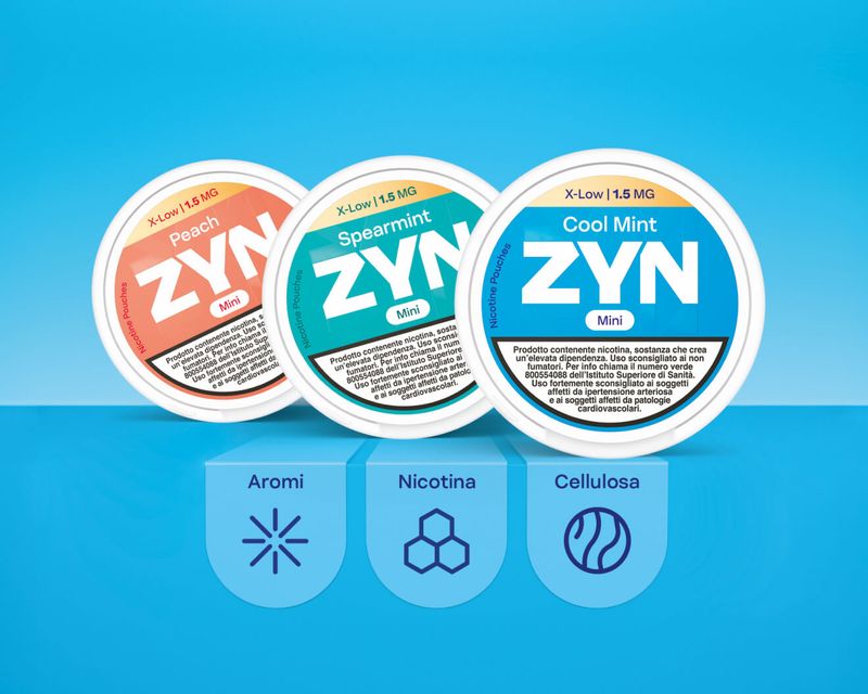 Tre varietà di ZYN: Peach, Spearmint e Cool Mint con icone degli ingredienti principali